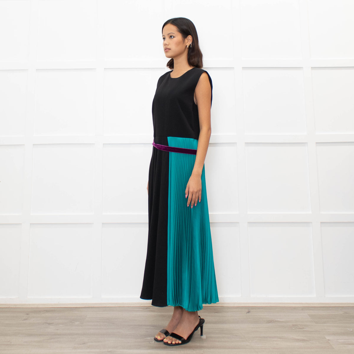 Roksanda Black Turquoise Pleat Purple Ribbon Detail Dress