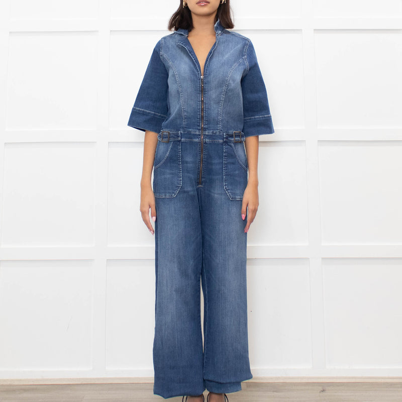 Donna Ida Blue Denim Short Sleeve Flared Jumpsuit