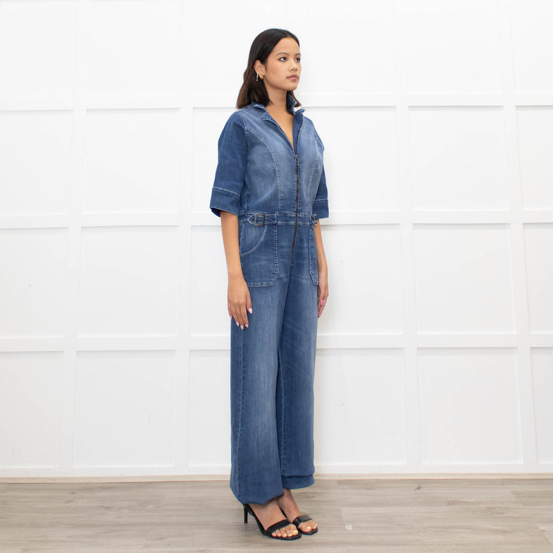 Donna Ida Blue Denim Short Sleeve Flared Jumpsuit