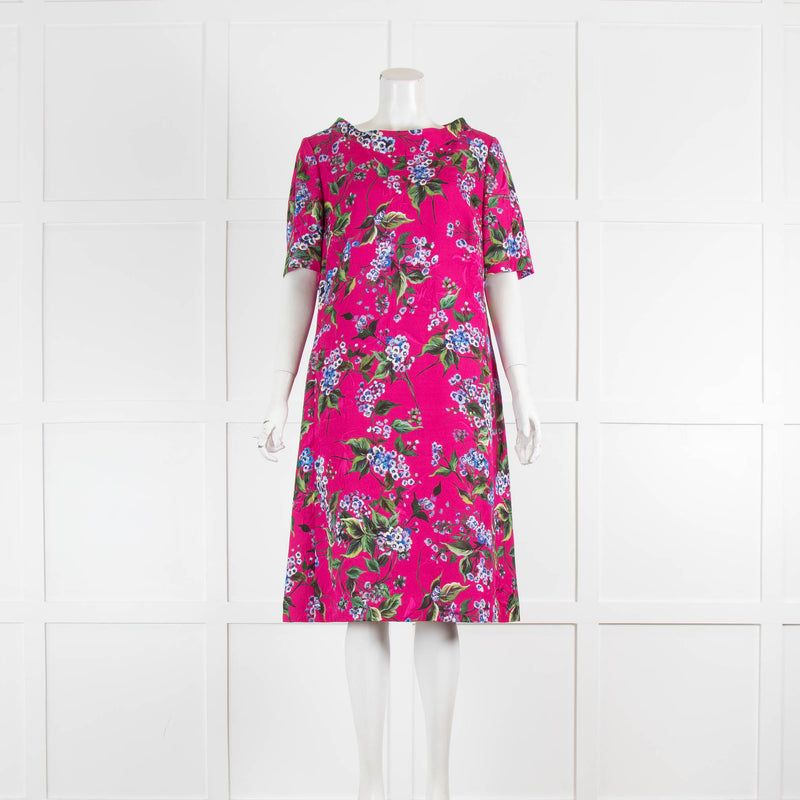 Escada Pink Floral  Wide Neck Dress With Pockets