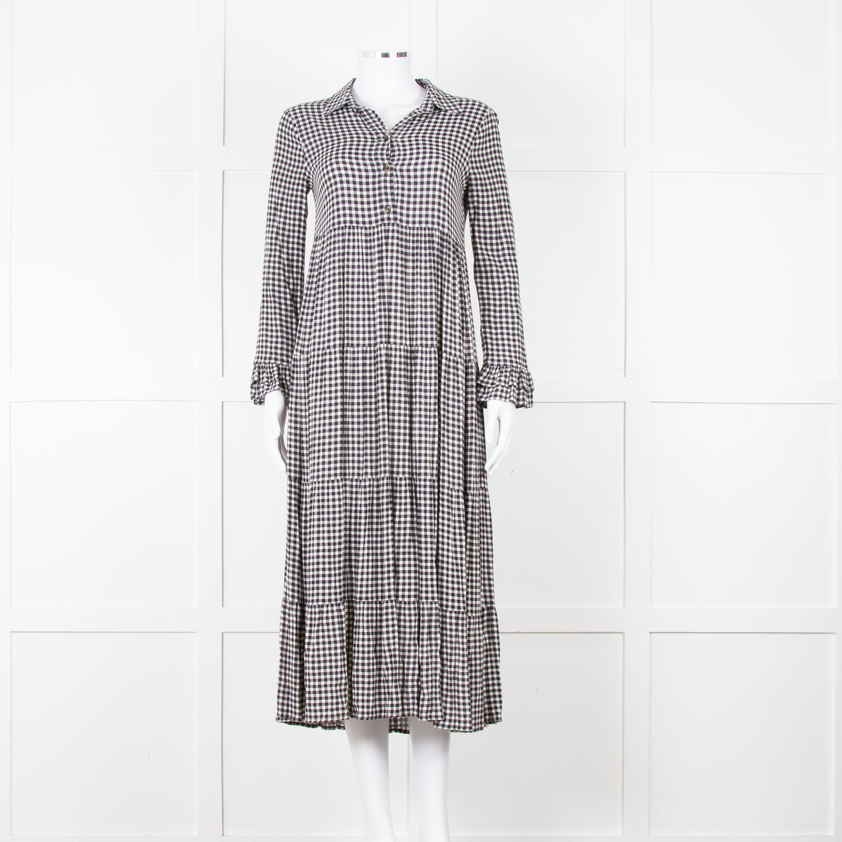 Ganni Black And White Small Check Tiered Maxi Dress
