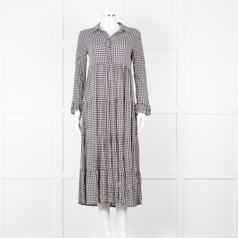 Ganni Black And White Small Check Tiered Maxi Dress