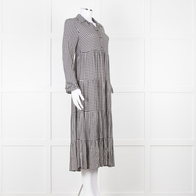 Ganni Black And White Small Check Tiered Maxi Dress