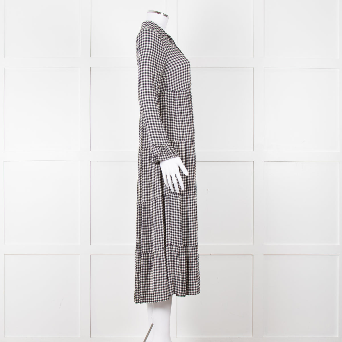 Ganni Black And White Small Check Tiered Maxi Dress