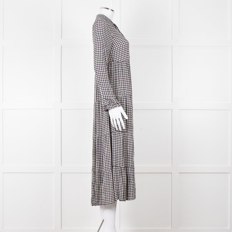 Ganni Black And White Small Check Tiered Maxi Dress