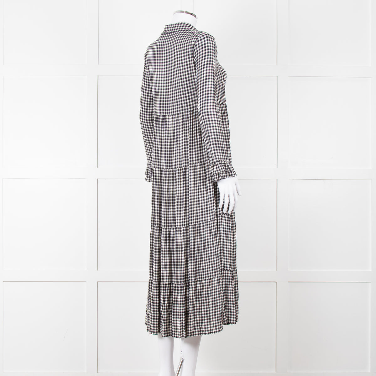 Ganni Black And White Small Check Tiered Maxi Dress