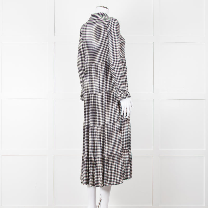 Ganni Black And White Small Check Tiered Maxi Dress