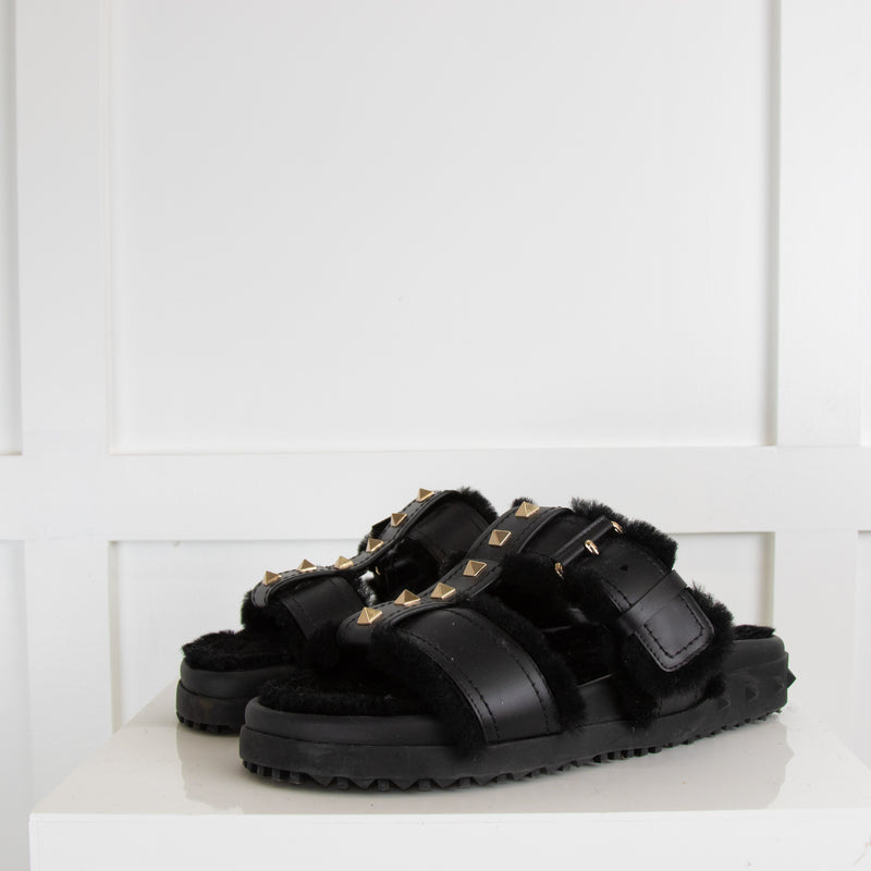 Valentino Garavani Rockstud Flat Shearling Lined Slides