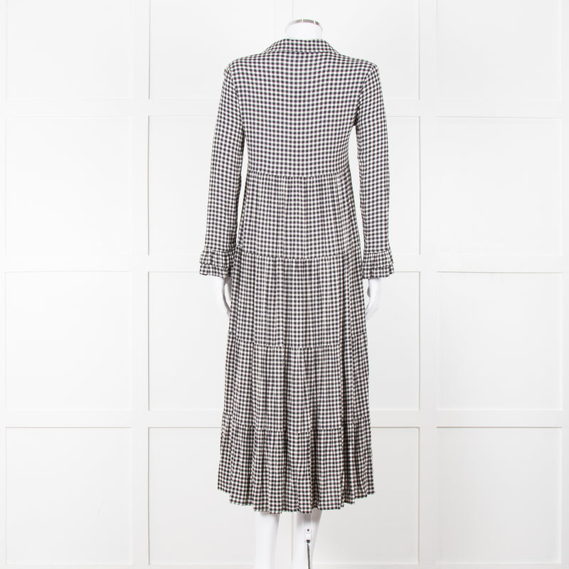 Ganni Black And White Small Check Tiered Maxi Dress