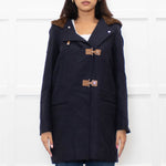 Sandro Navy Faux Fur Trim Hooded Peacoat