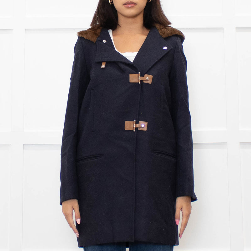 Sandro Navy Faux Fur Trim Hooded Peacoat