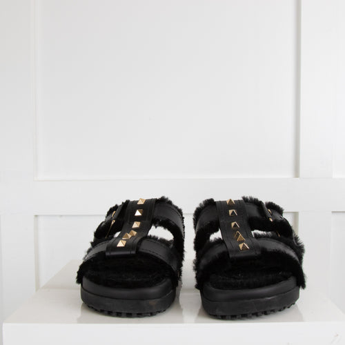 Valentino Garavani Rockstud Flat Shearling Lined Slides