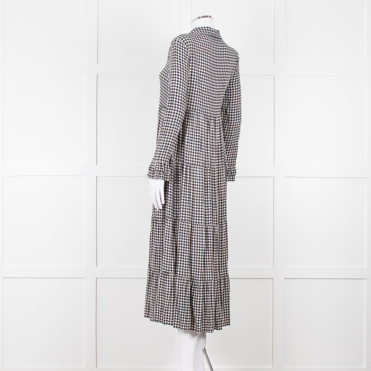 Ganni Black And White Small Check Tiered Maxi Dress