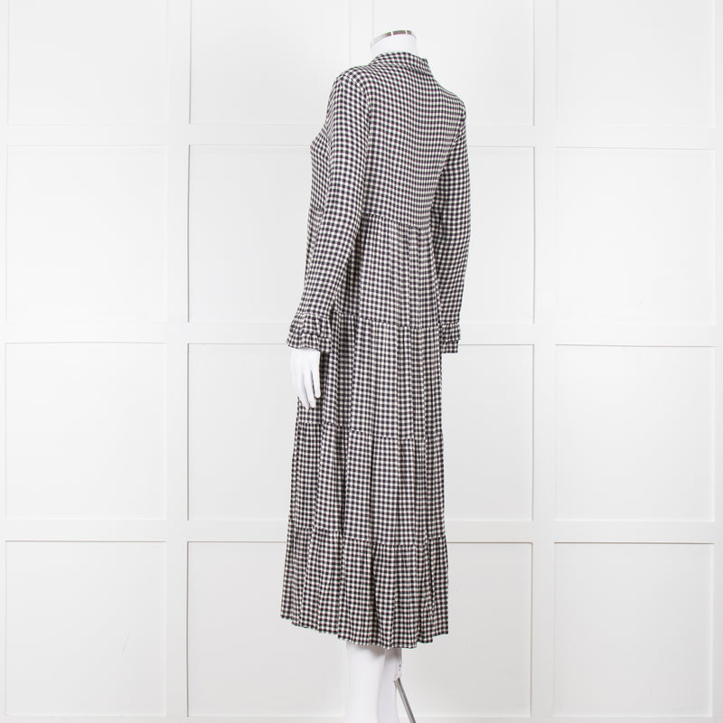 Ganni Black And White Small Check Tiered Maxi Dress