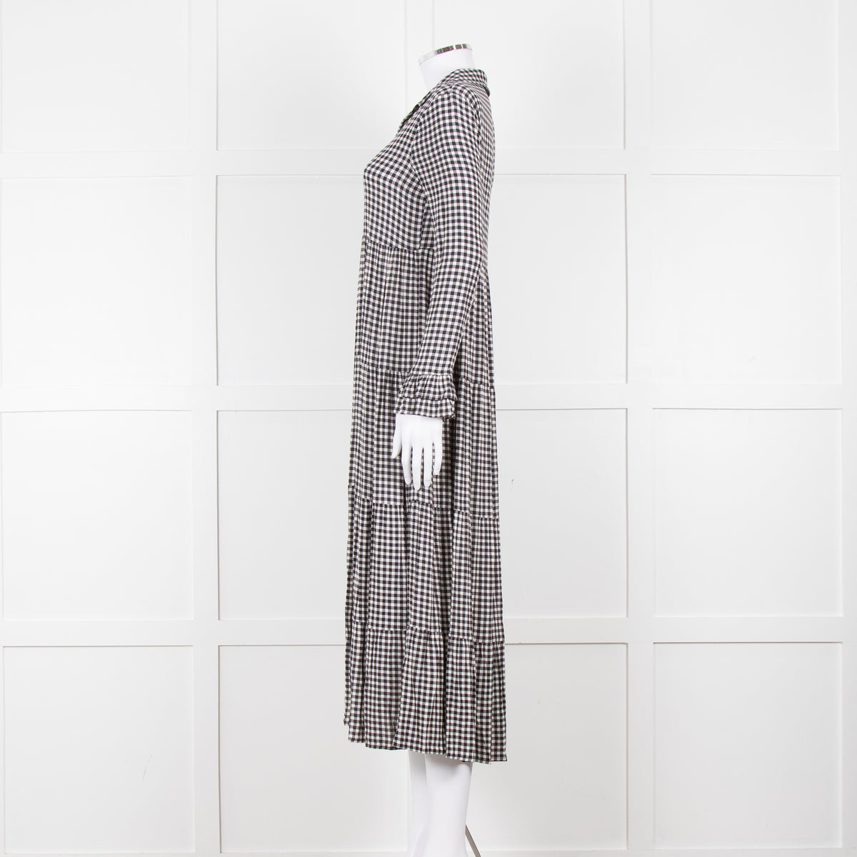 Ganni Black And White Small Check Tiered Maxi Dress