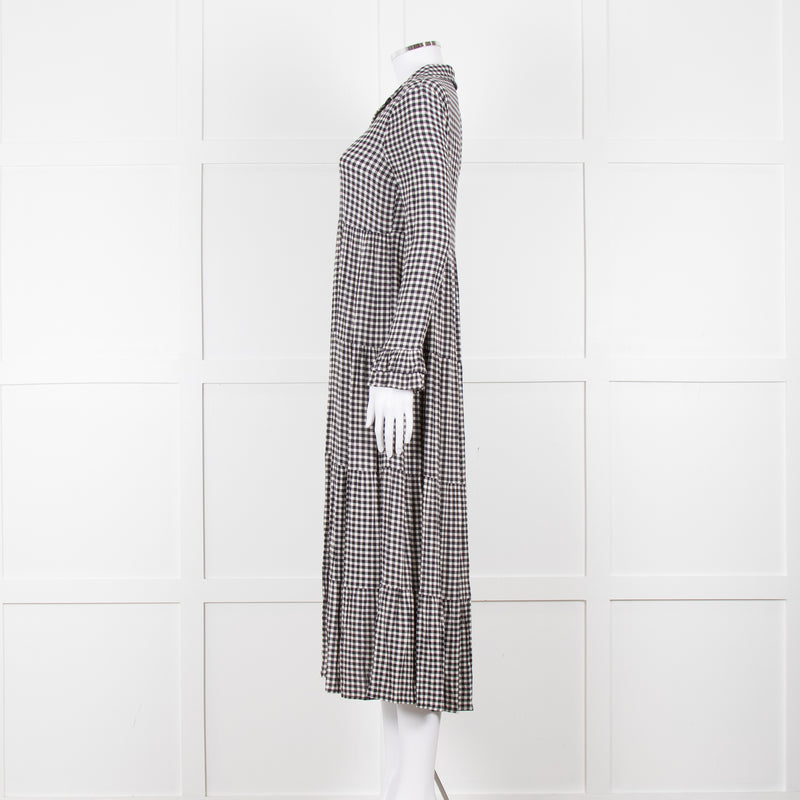 Ganni Black And White Small Check Tiered Maxi Dress
