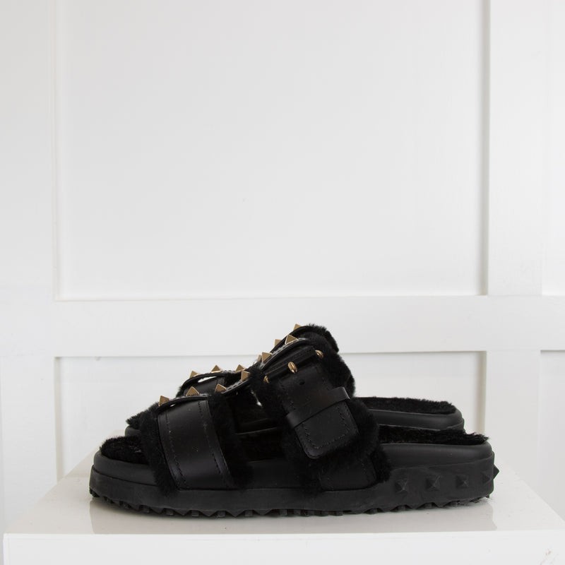 Valentino Garavani Rockstud Flat Shearling Lined Slides