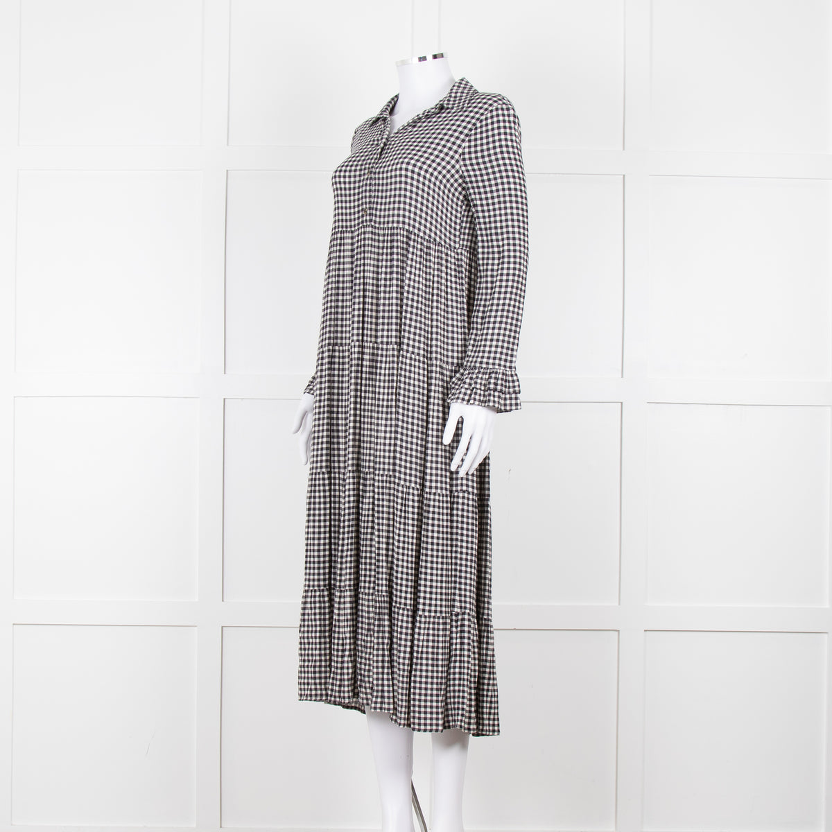 Ganni Black And White Small Check Tiered Maxi Dress