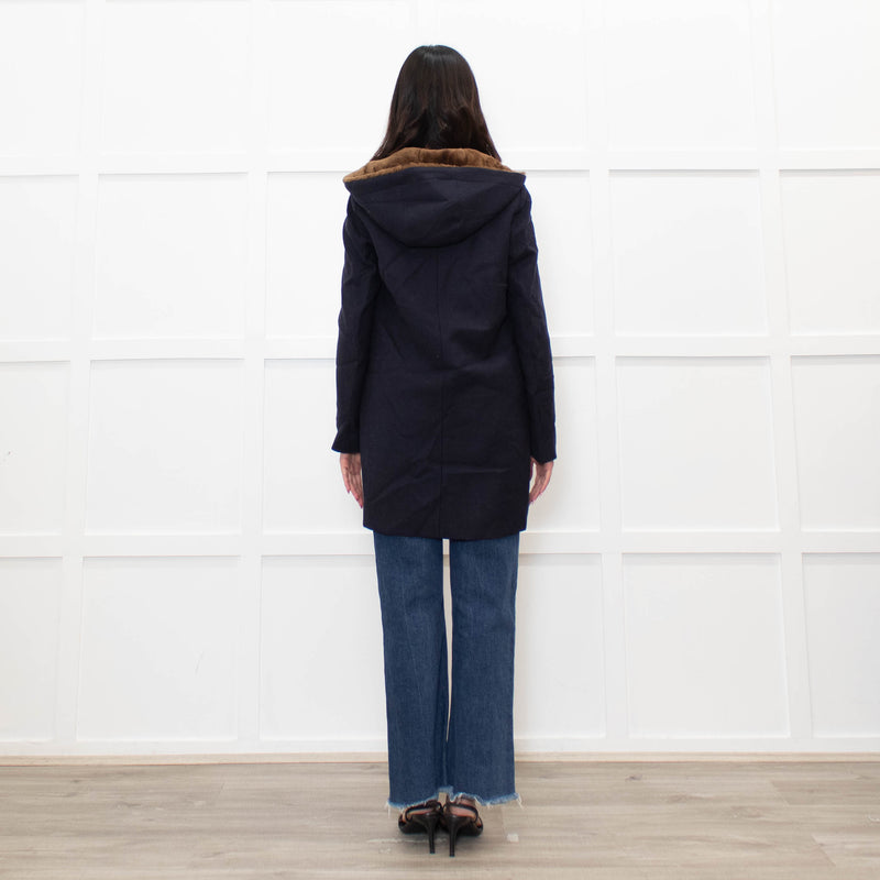 Sandro Navy Faux Fur Trim Hooded Peacoat