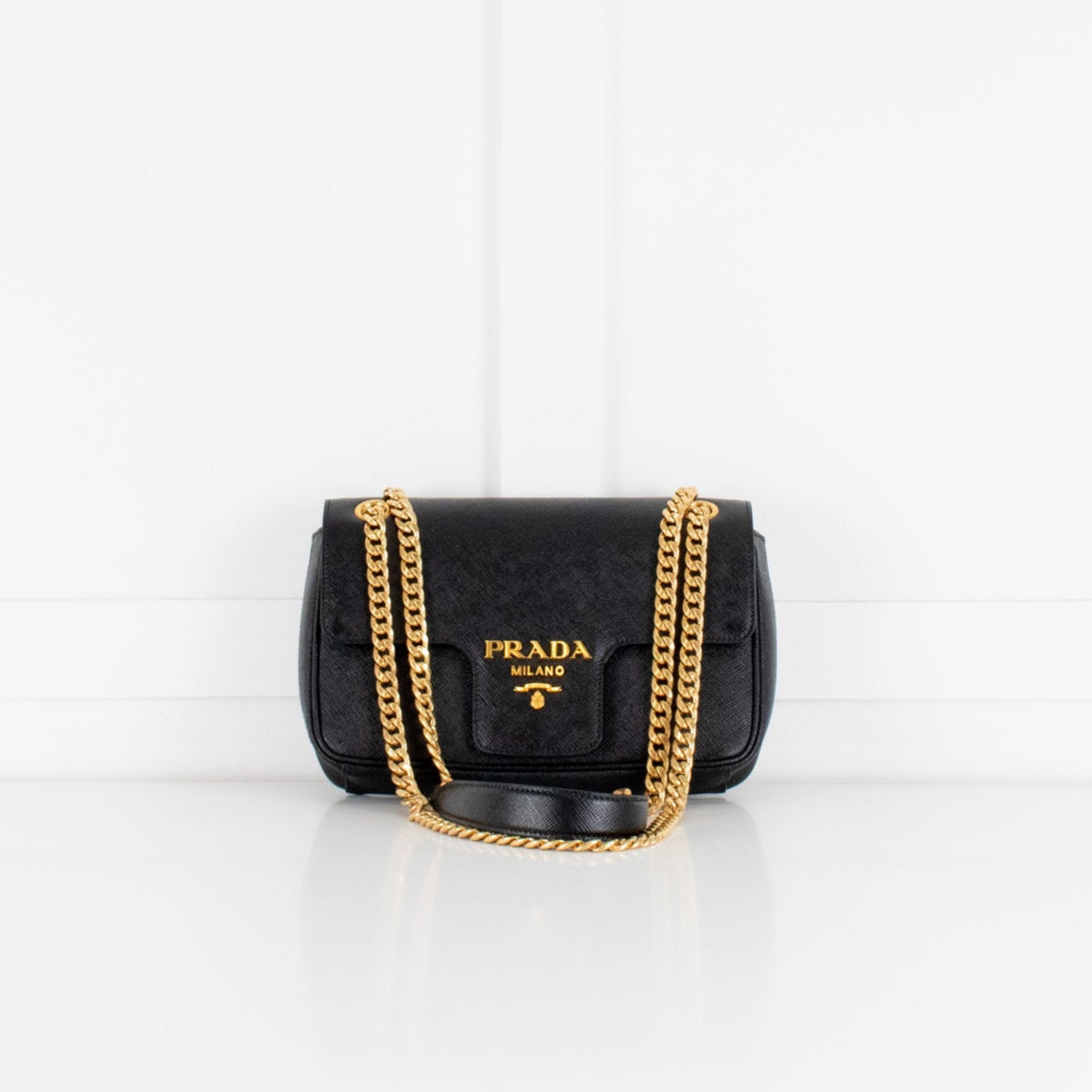 Prada Black Saffiano Pattina Flap Gold Chain Shoulder Bag