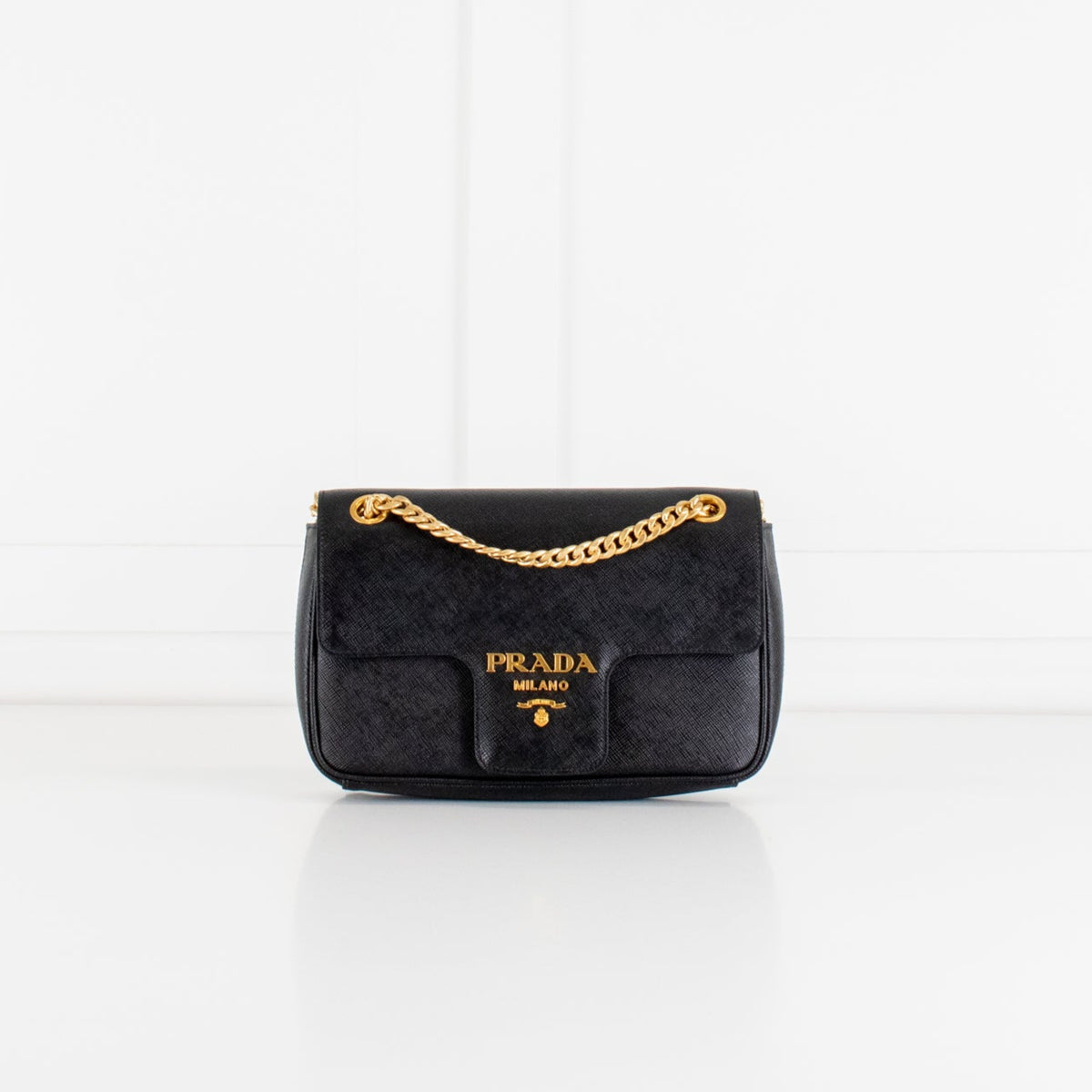 Prada Black Saffiano Pattina Flap Gold Chain Shoulder Bag