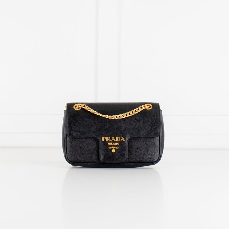 Prada Black Saffiano Pattina Flap Gold Chain Shoulder Bag