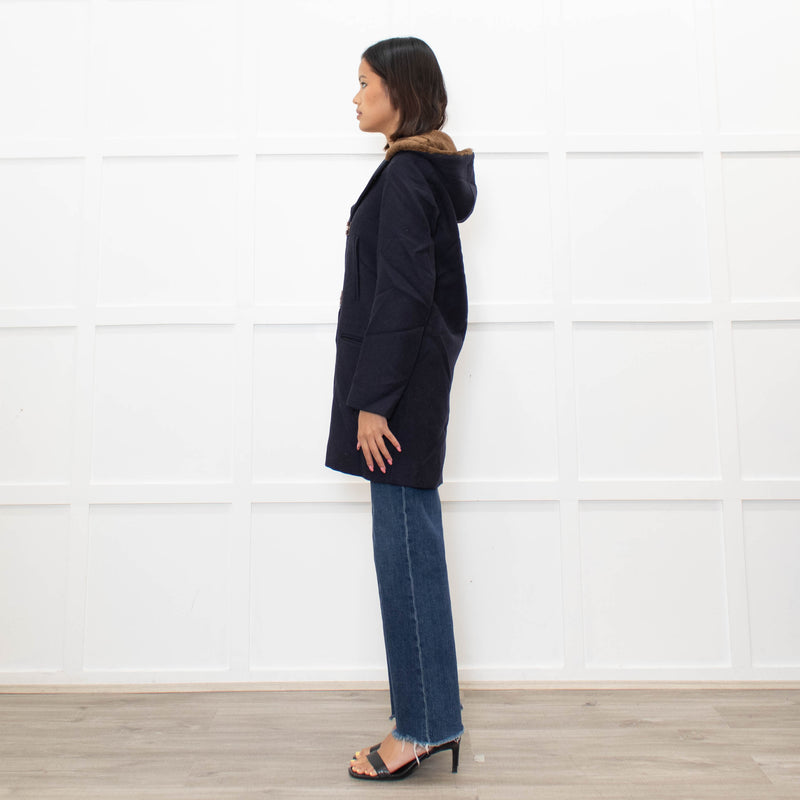 Sandro Navy Faux Fur Trim Hooded Peacoat