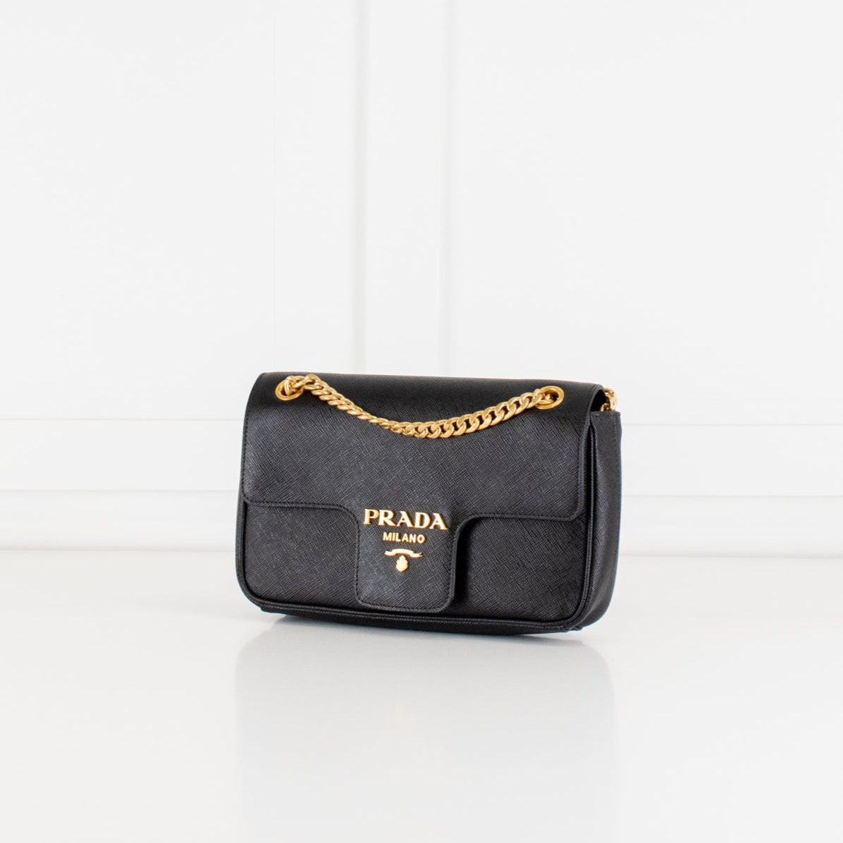 Prada Black Saffiano Pattina Flap Gold Chain Shoulder Bag