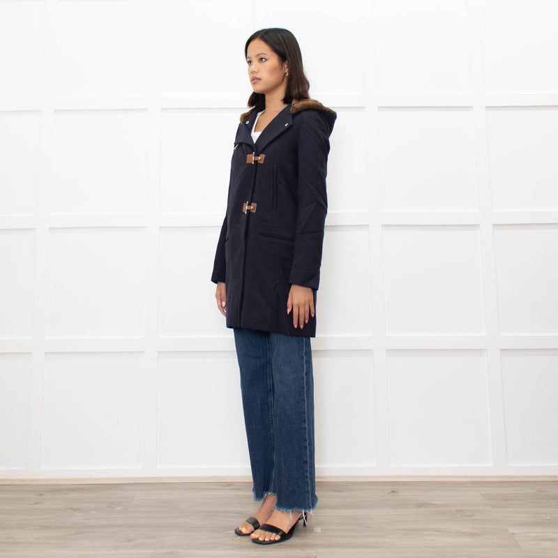 Sandro Navy Faux Fur Trim Hooded Peacoat