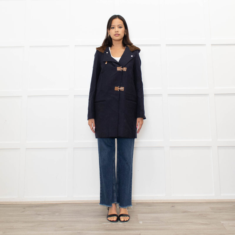 Sandro Navy Faux Fur Trim Hooded Peacoat