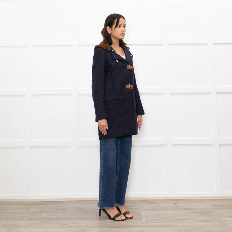 Sandro Navy Faux Fur Trim Hooded Peacoat