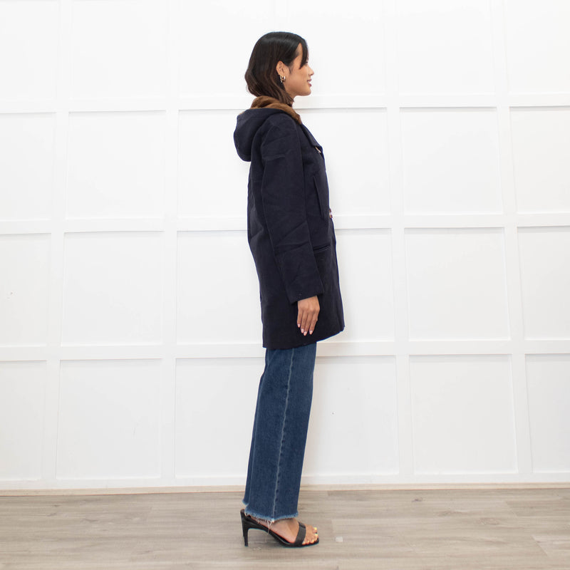 Sandro Navy Faux Fur Trim Hooded Peacoat