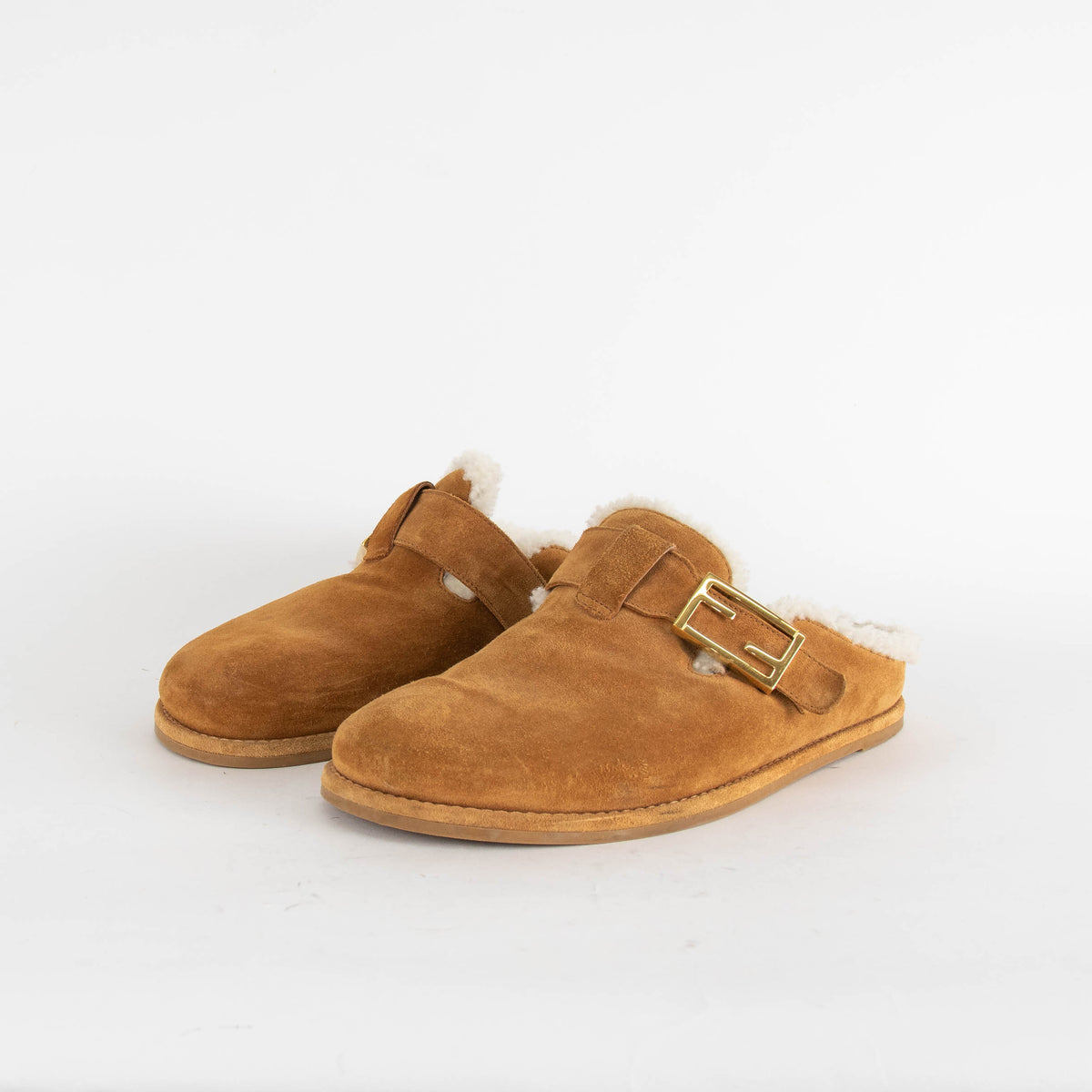 Fendi Suede And Sheepskin Brown Flat Clogs