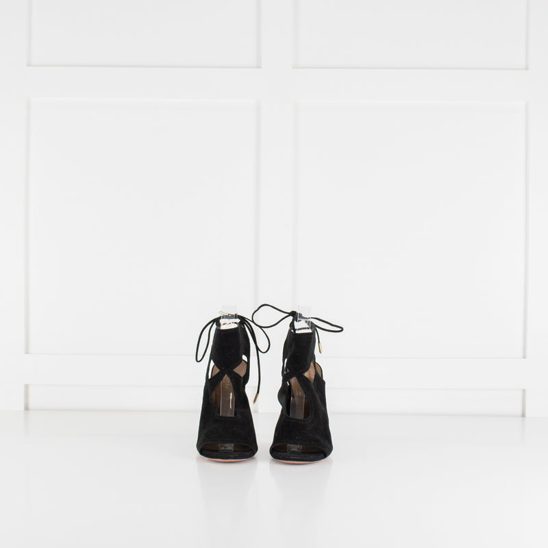 Aquazzura Black Suede Cutout Tie Up Heels