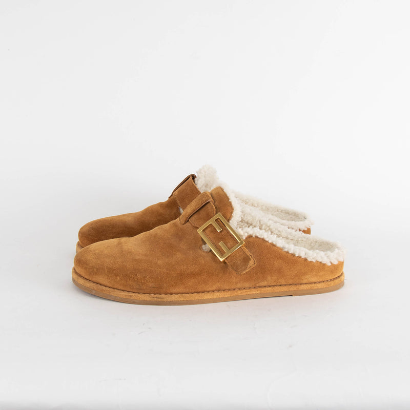 Fendi Suede And Sheepskin Brown Flat Clogs
