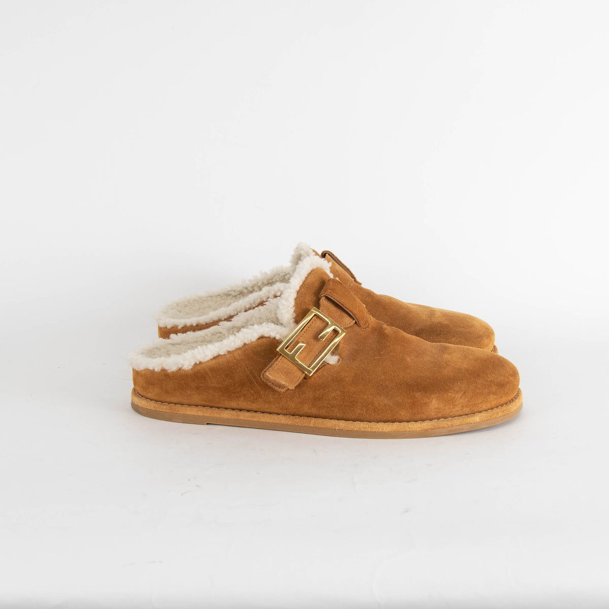 Fendi Suede And Sheepskin Brown Flat Clogs