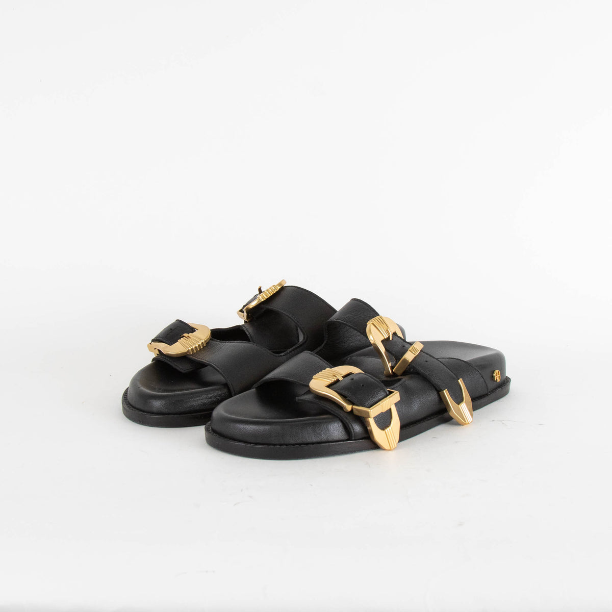 Anine Bing Black Gold Buckle Waylon Double-Strap Sliders