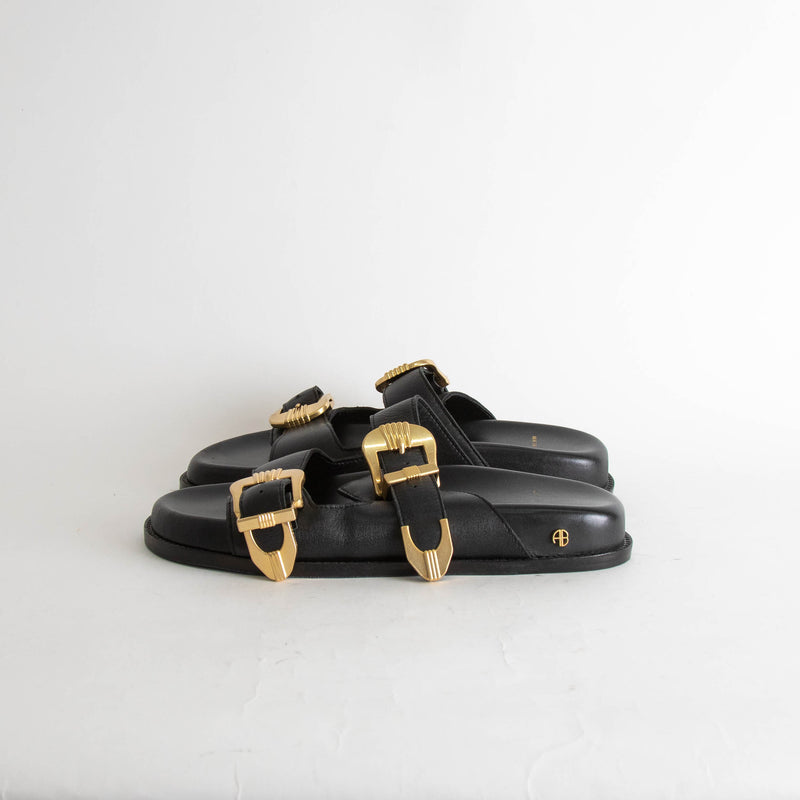 Anine Bing Black Gold Buckle Waylon Double-Strap Sliders
