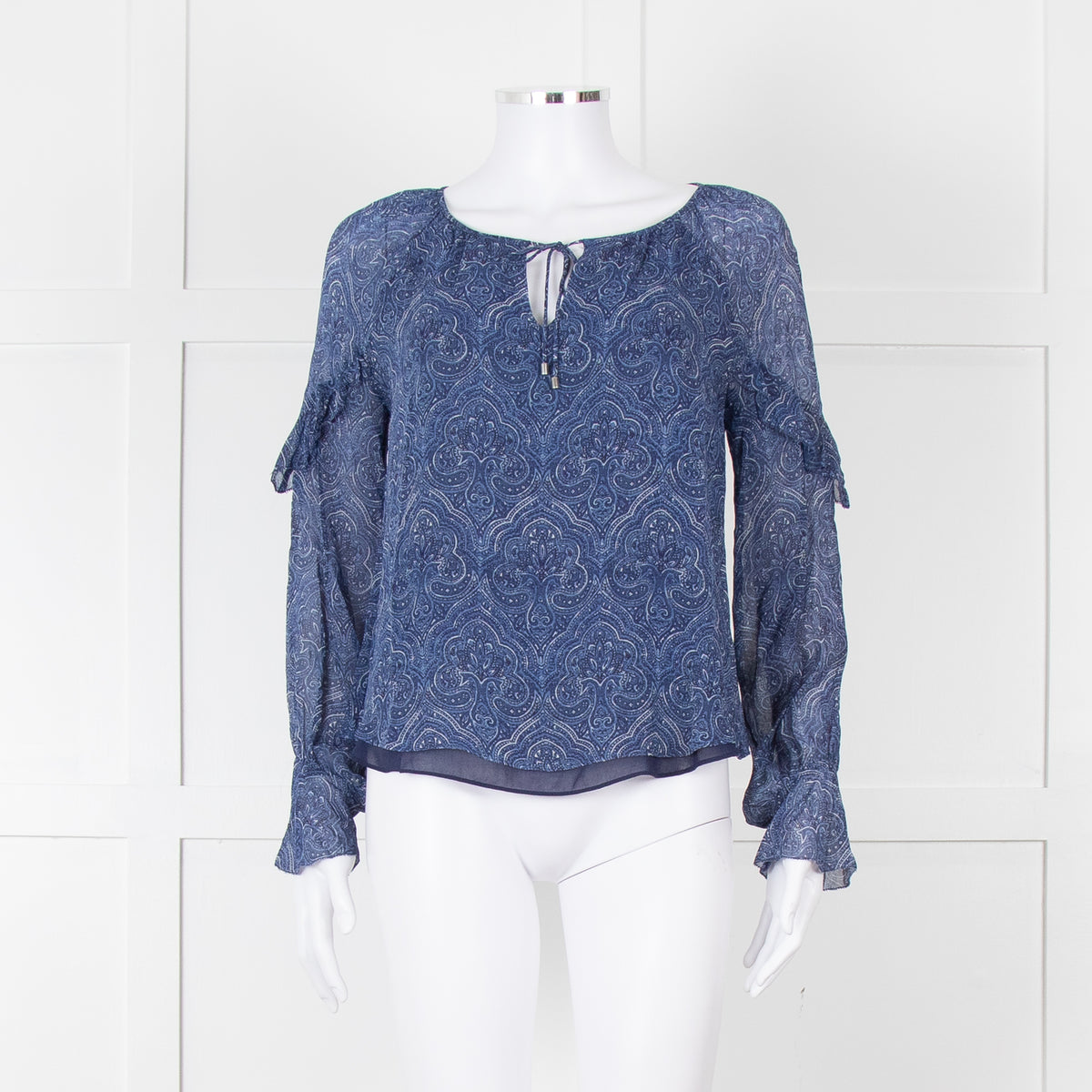 Joie Blue & White Patterned Blouse With Frill Sleeves