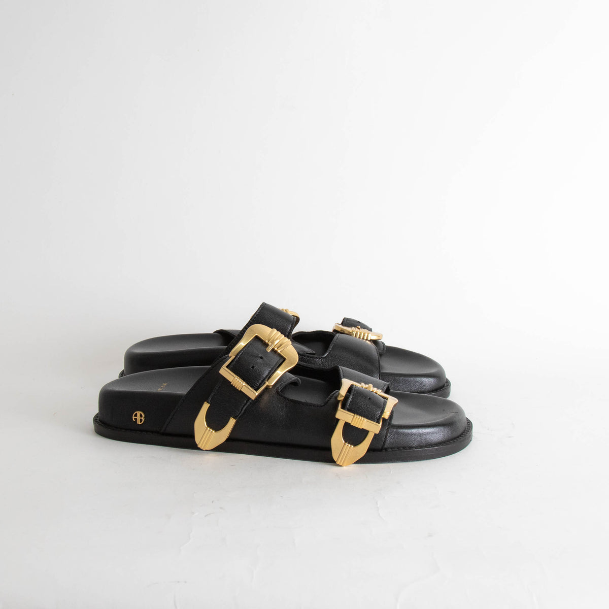 Anine Bing Black Gold Buckle Waylon Double-Strap Sliders