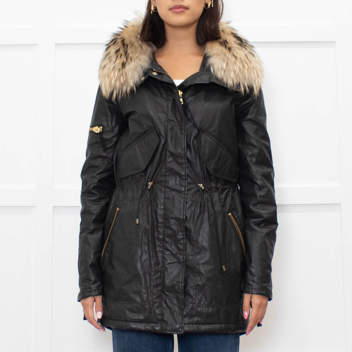 Sam Black Shiny Fabric Gold Zip Fur Collar Parka