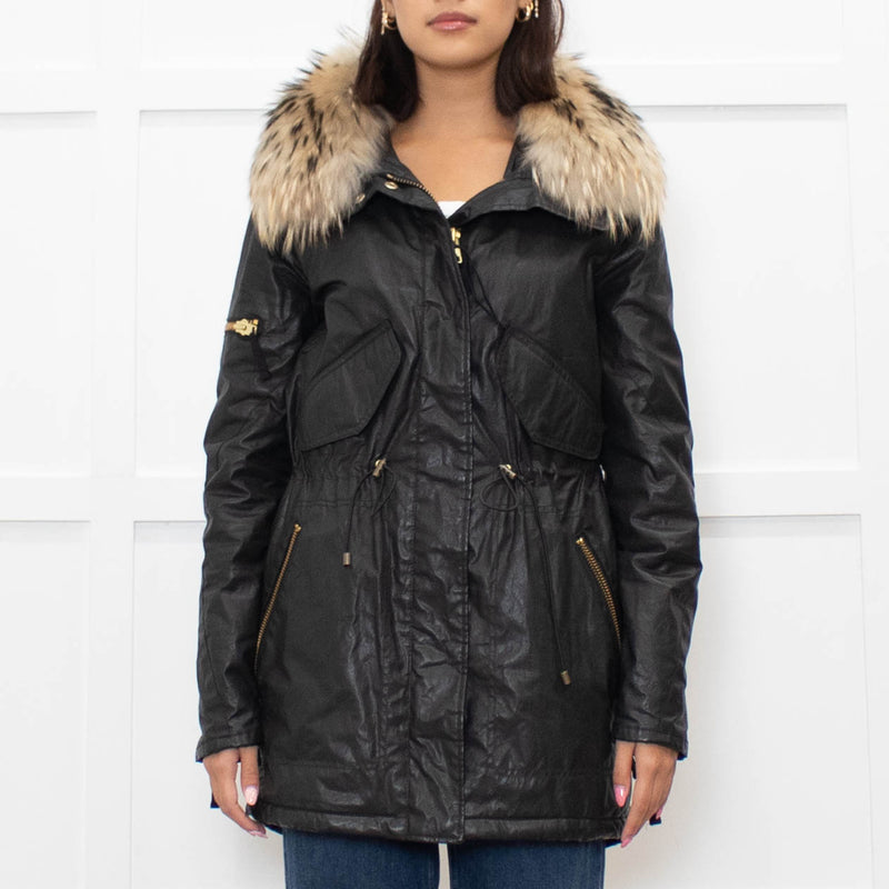 Sam Black Shiny Fabric Gold Zip Fur Collar Parka