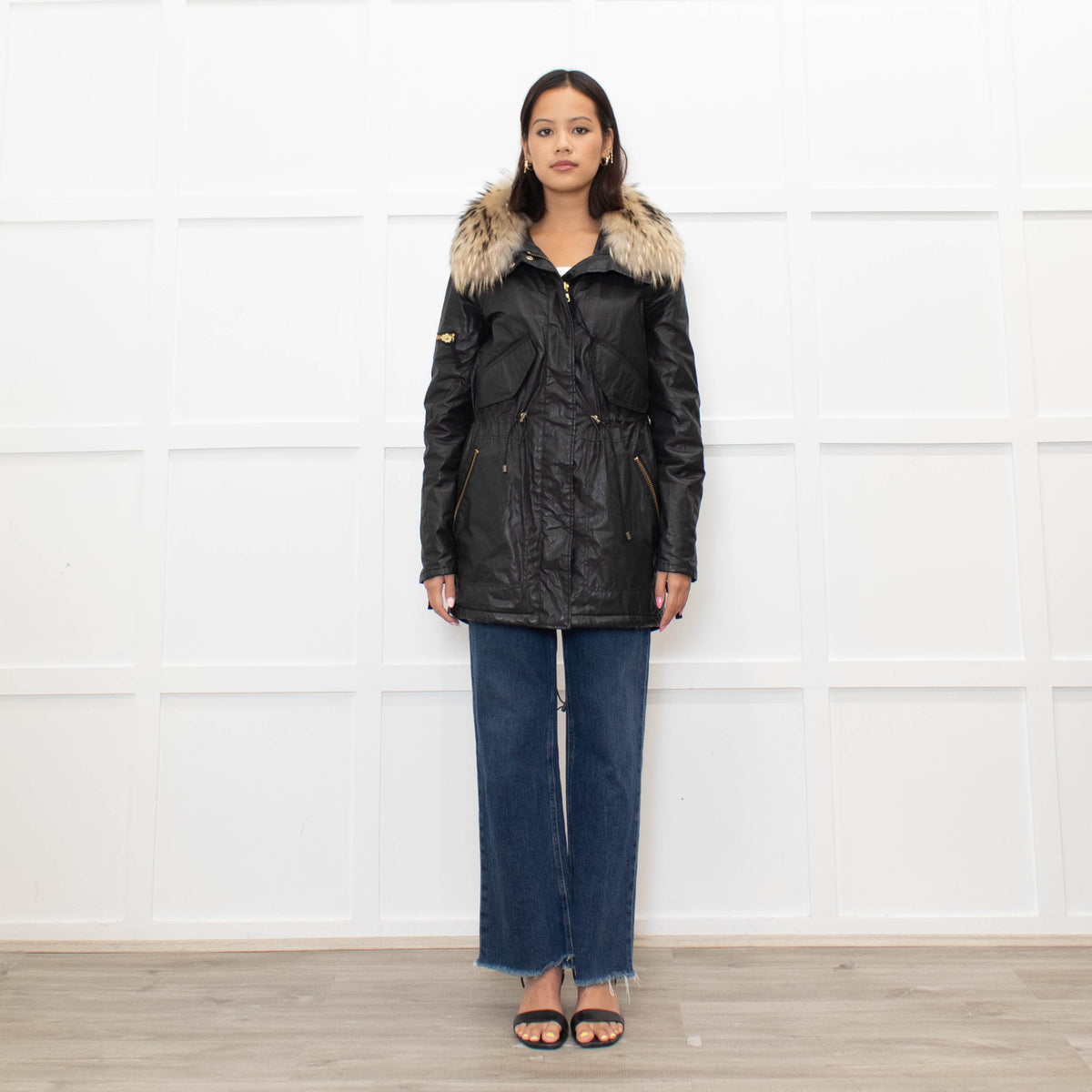 Sam Black Shiny Fabric Gold Zip Fur Collar Parka