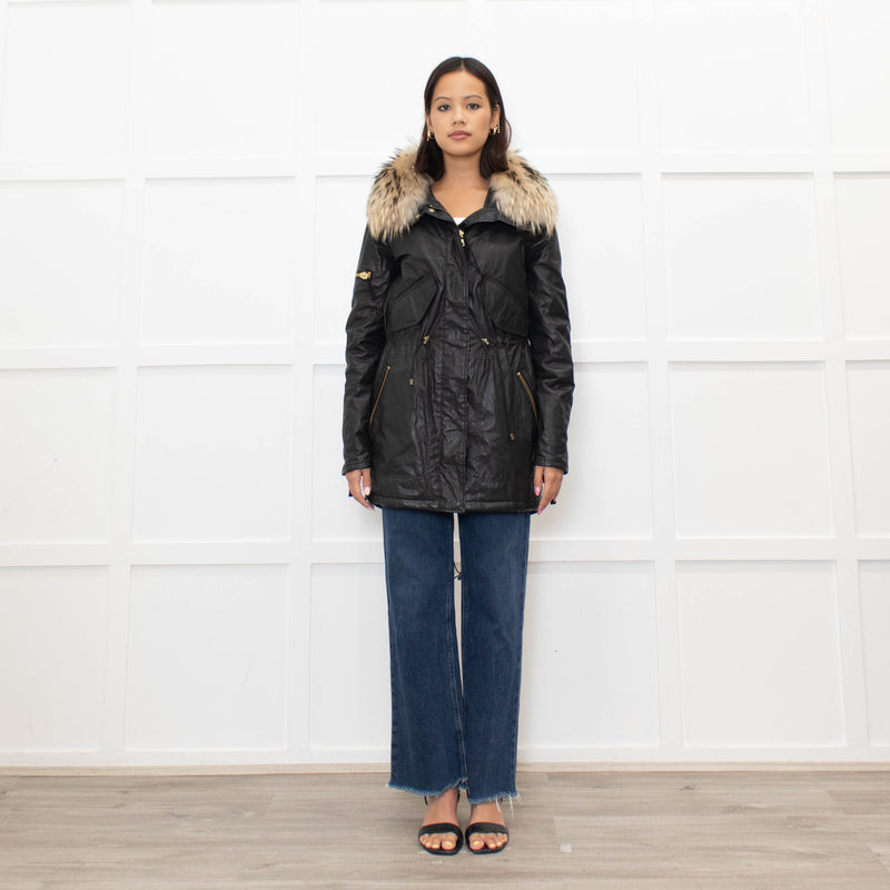 Sam Black Shiny Fabric Gold Zip Fur Collar Parka