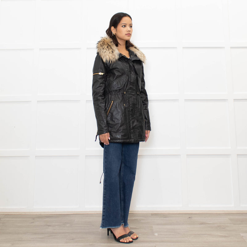 Sam Black Shiny Fabric Gold Zip Fur Collar Parka