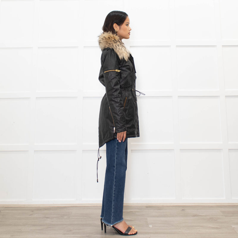 Sam Black Shiny Fabric Gold Zip Fur Collar Parka