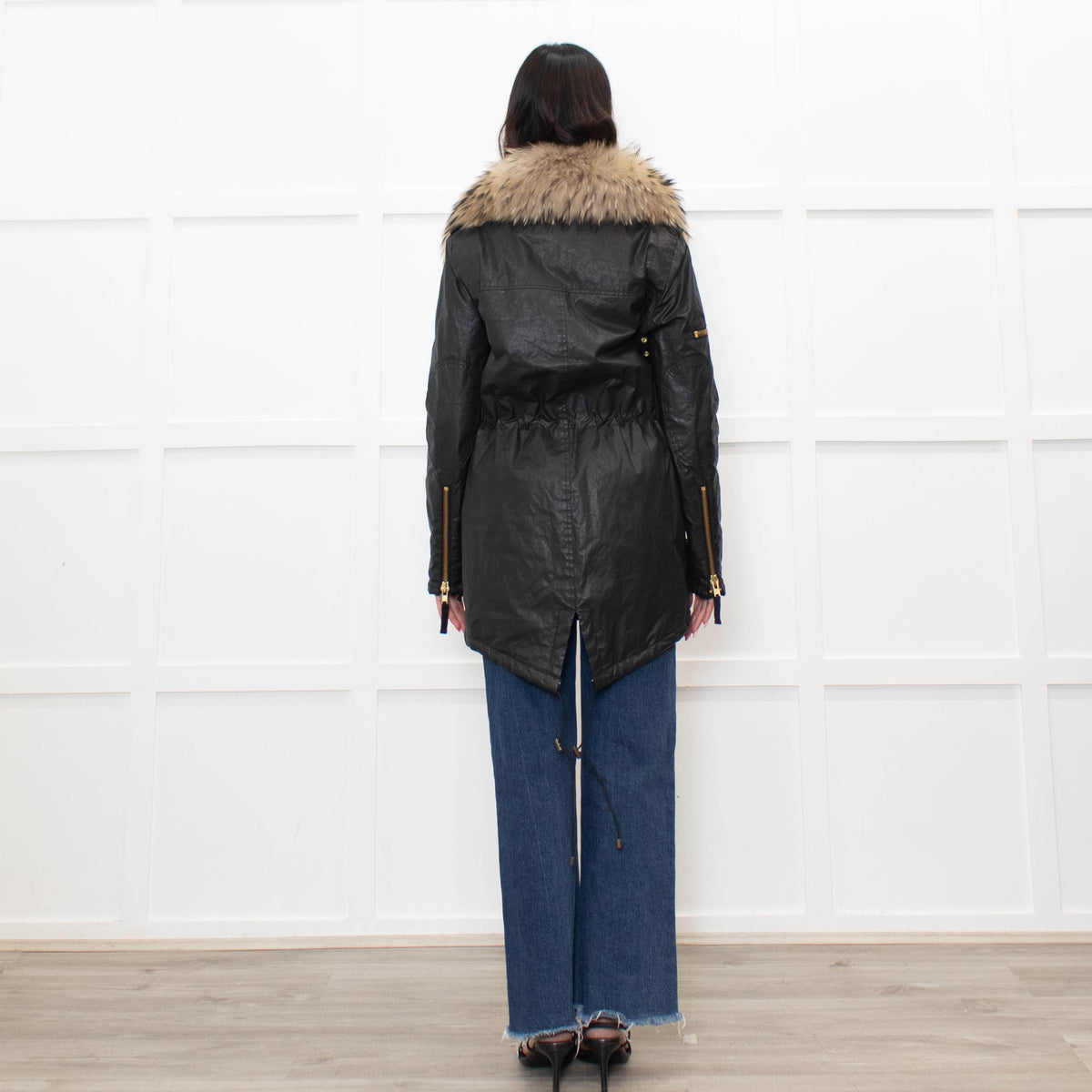 Sam Black Shiny Fabric Gold Zip Fur Collar Parka