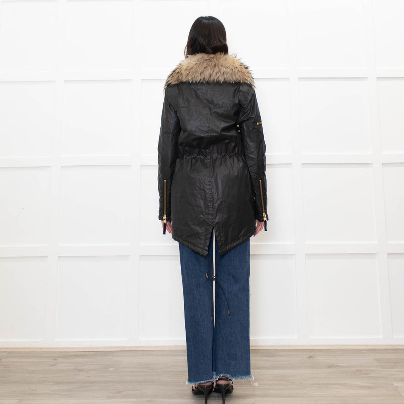 Sam Black Shiny Fabric Gold Zip Fur Collar Parka
