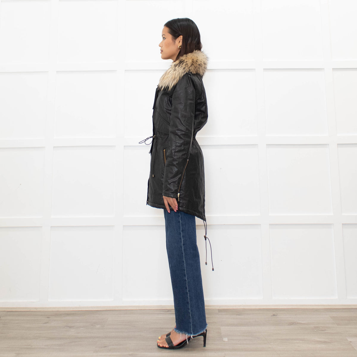 Sam Black Shiny Fabric Gold Zip Fur Collar Parka