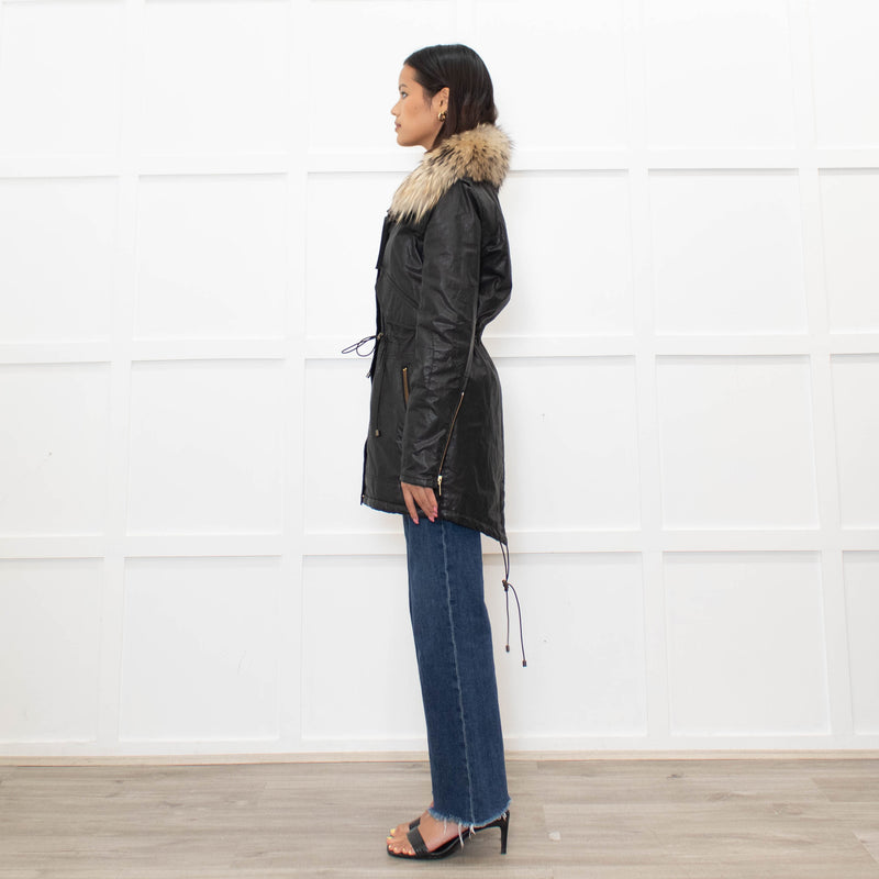 Sam Black Shiny Fabric Gold Zip Fur Collar Parka